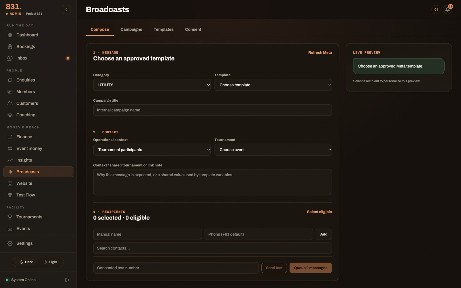 Broadcasts screen: choose an approved Meta template by category, add context, select eligible recipients, live preview on the right.