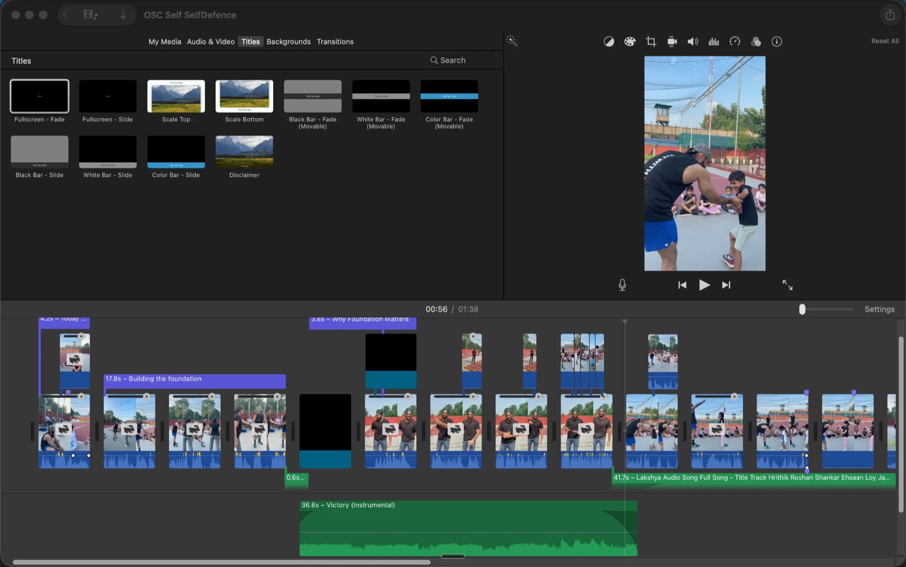 An iMovie timeline for the Off-Screen Club self-defence reel: titles, cuts, a music bed and voice, 1 minute 38 seconds.