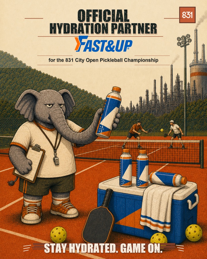 Co-branded creative: Dalmo the elephant mascot holding a Fast&Up bottle courtside, Official Hydration Partner of the 831 City Open.