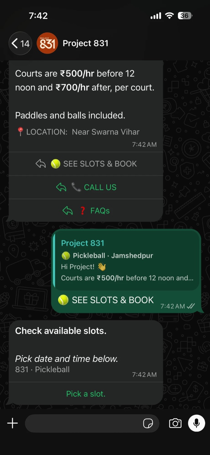 The bot replies with Check available slots and a Pick a slot button that opens a WhatsApp Flow.