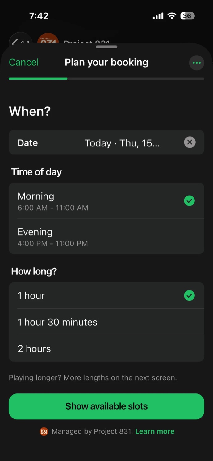 Flow screen Plan your booking: date preselected as today, time of day Morning or Evening, and duration 1 hour, 1 hour 30 minutes or 2 hours.