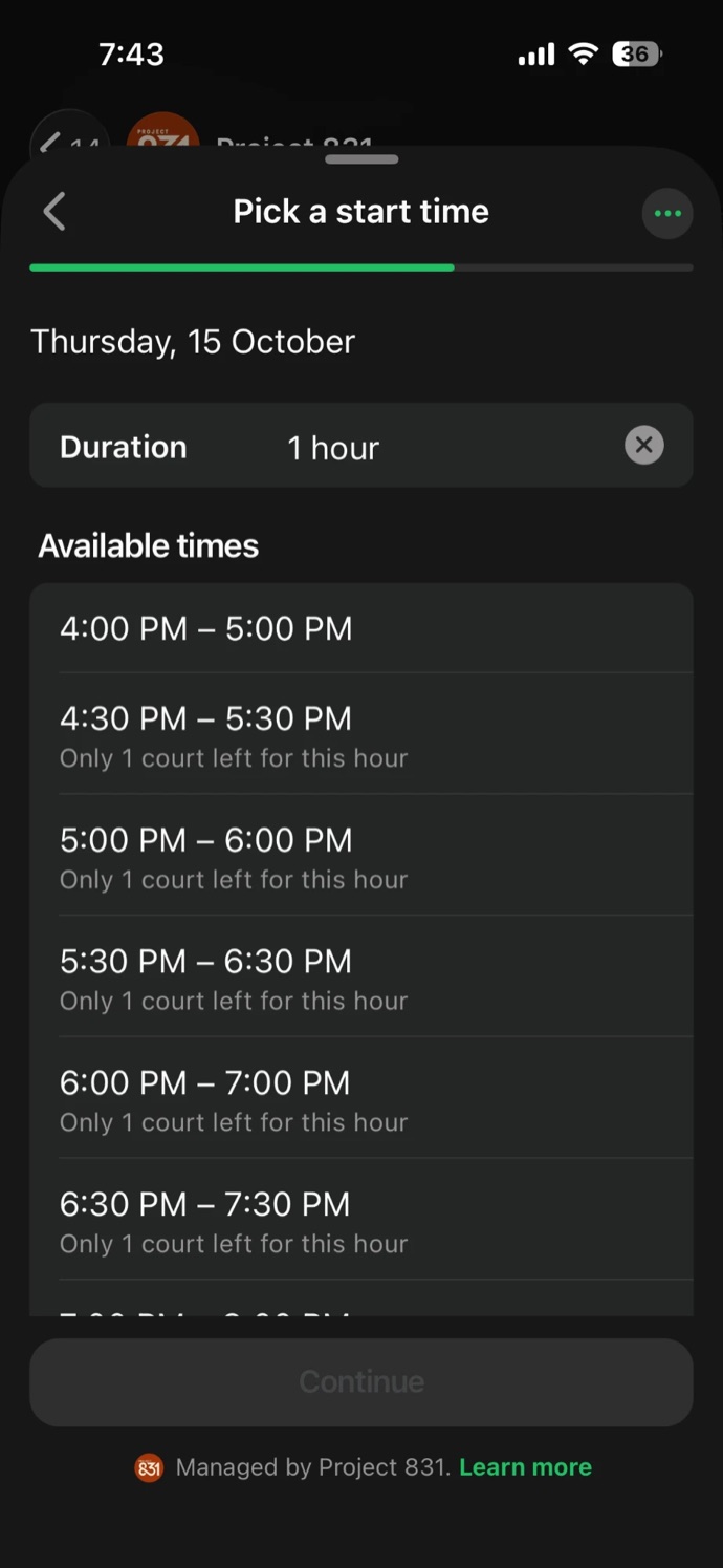 Flow screen Pick a start time: a list of one-hour windows from 4 PM, most marked Only 1 court left for this hour.