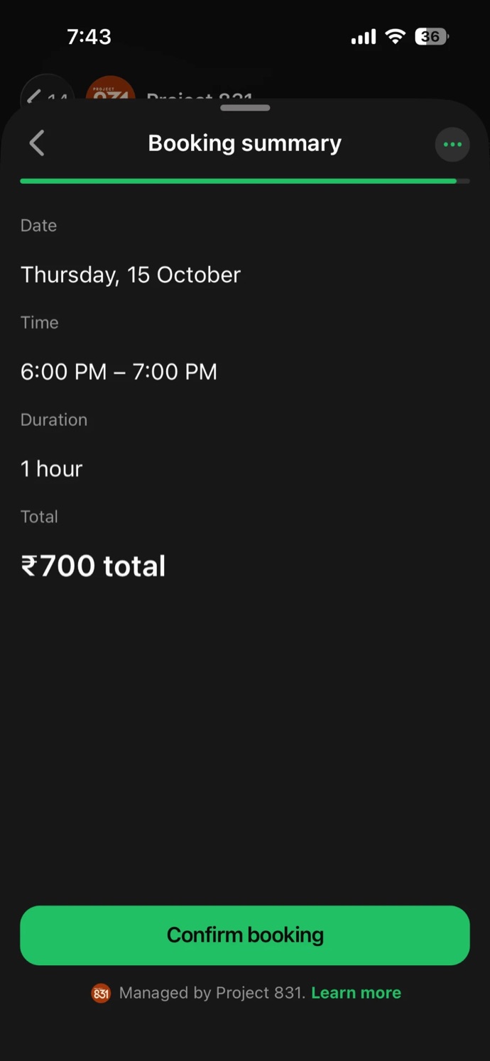 Flow screen Booking summary: Thursday 15 October, 6 to 7 PM, 1 hour, 700 rupees total, and a Confirm booking button.